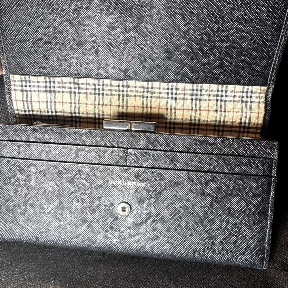 Burberry Black Saffiano Leather Continental Wallet Plaid Interior Rare - Picture 7 of 14